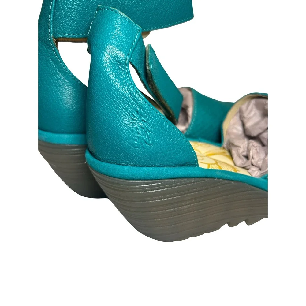 Fly London Yall Teal Leather Wedge Sandals Peep Toe Ankle Strap Womens 37 NEW